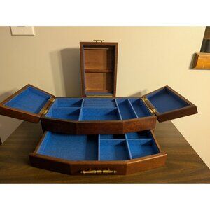 Beautiful Wood Swing Out Jewelry Box. Vintage. Stamped Japan. Blue Lining